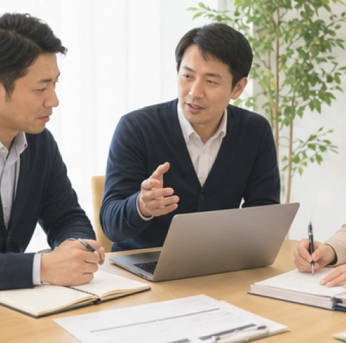 パソコンで相談するスタッフ